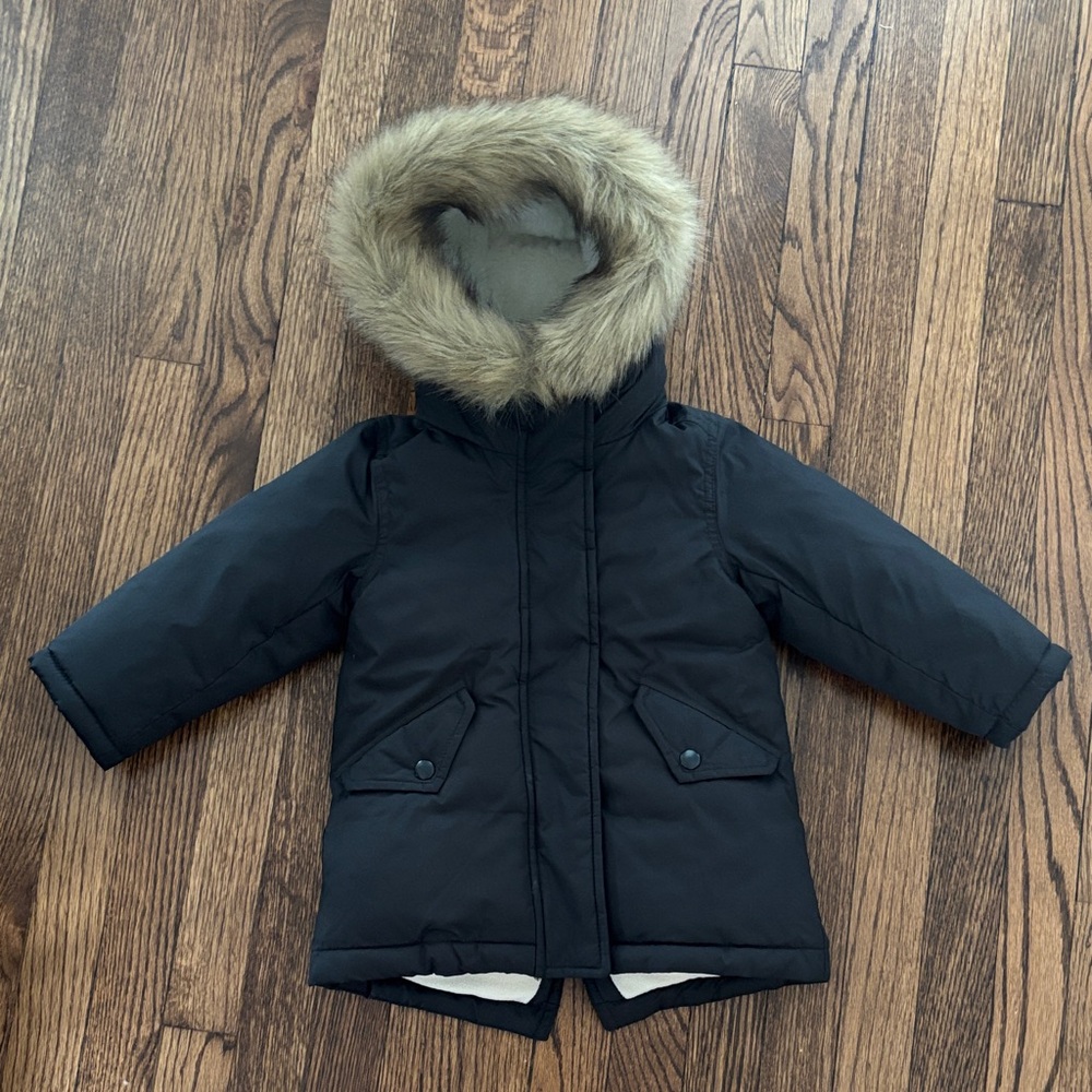 J. Crew Kids Girls Black Puffer Fishtail Jacket with detachable Faux Fur Hood
